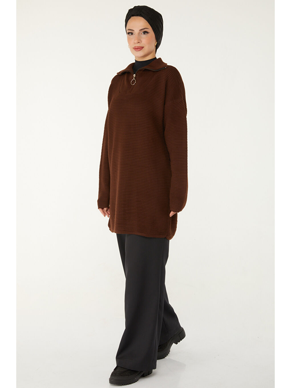 Kahverengi Fitili Fermuarlı Triko Kazak Kahve - 27632-2