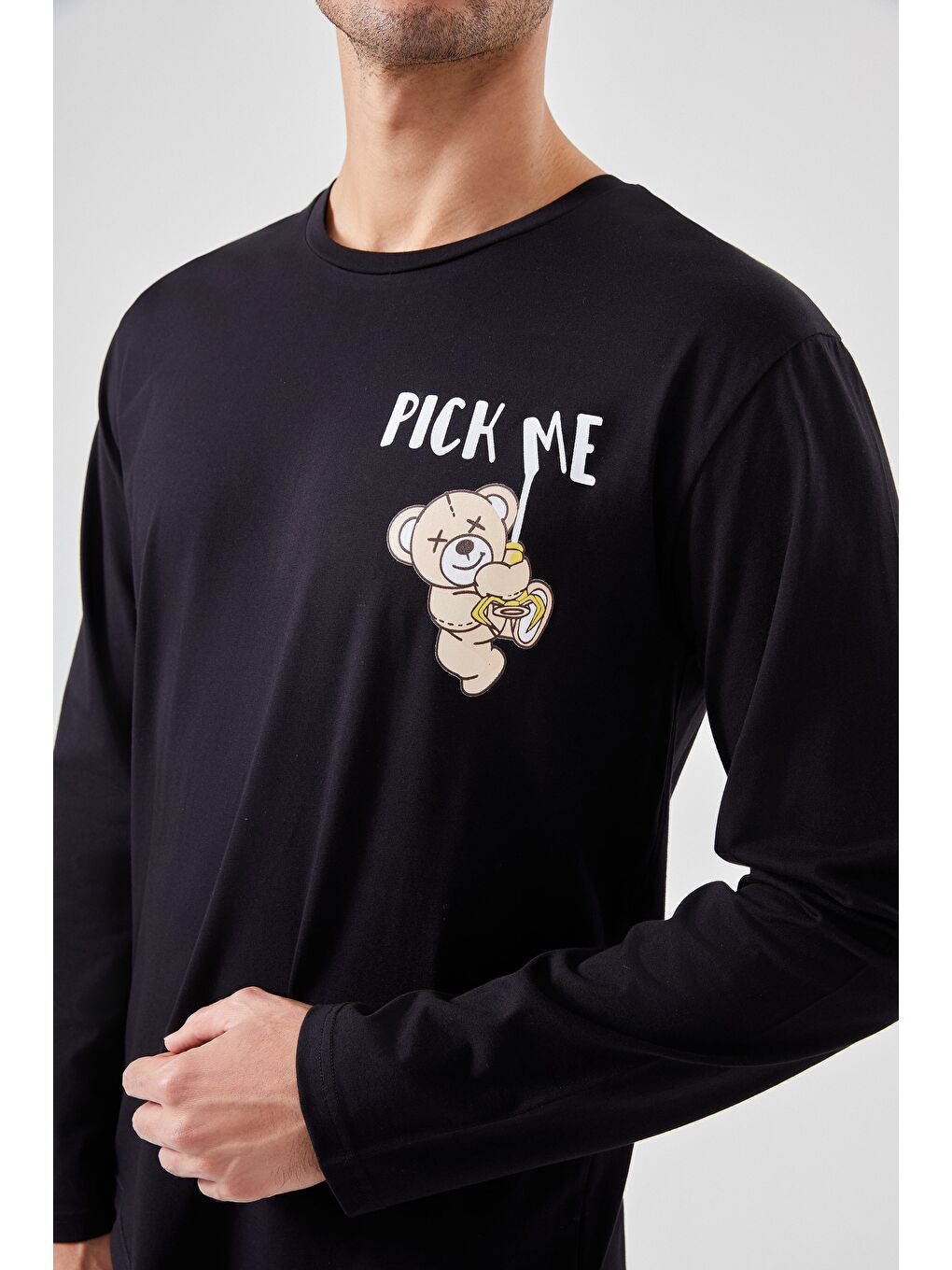 Kahverengi Erkek Pamuklu Uzun Kollu Üst Astronot Baskılı Alt Çizgili Pijama Takımı-4