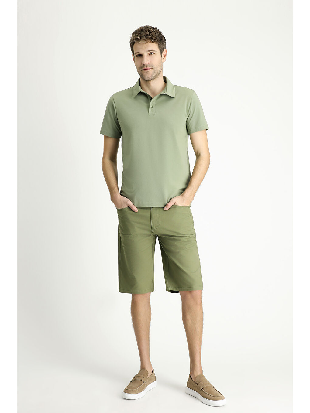 Yeşil slim fit dar kesim pamuklu polo yaka tişört-1