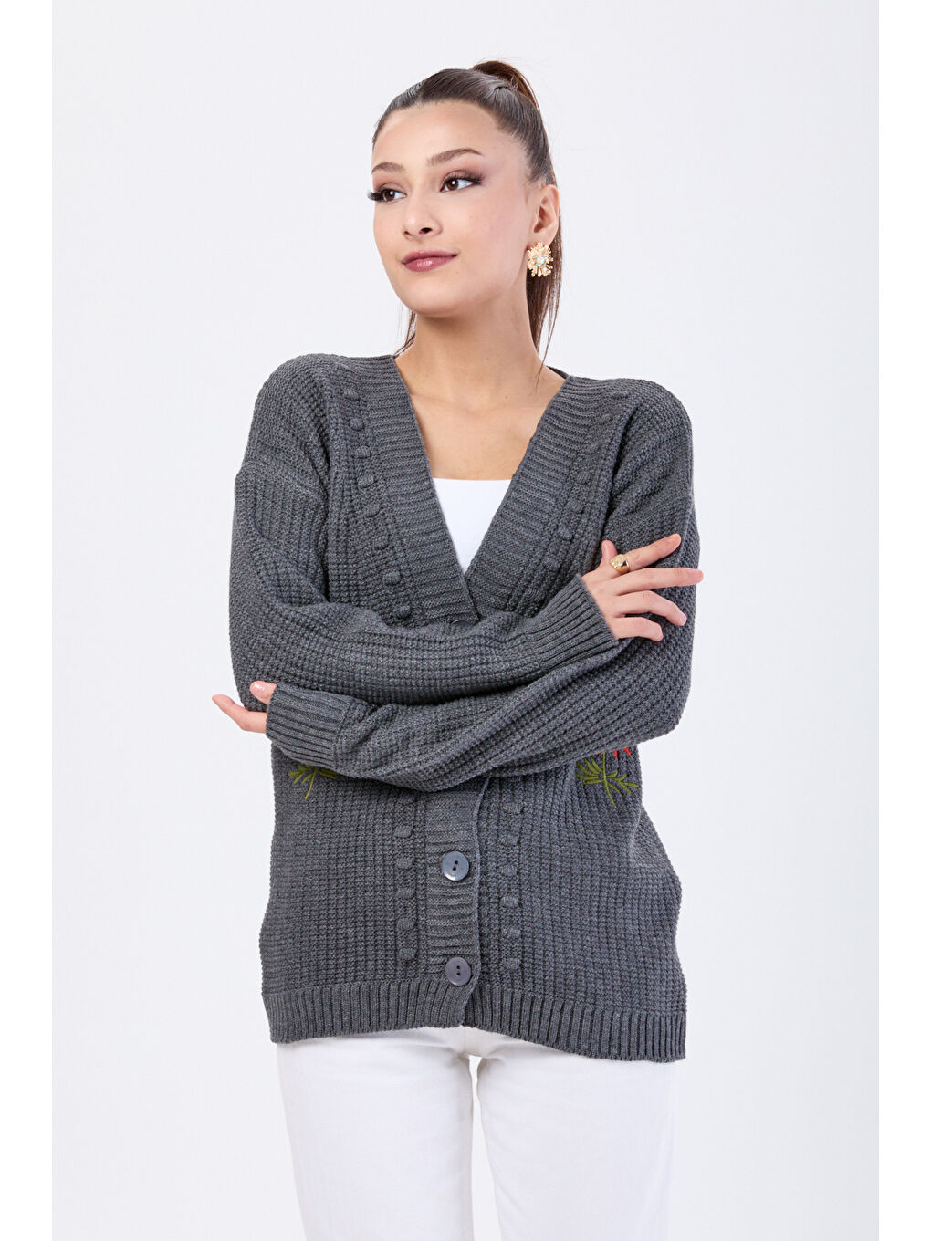 Çiçek Nakış Detaylı Triko Hırka Antrasit - 27662-1