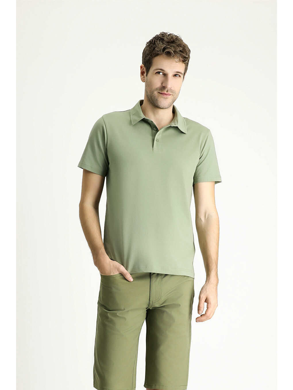 Yeşil slim fit dar kesim pamuklu polo yaka tişört-2