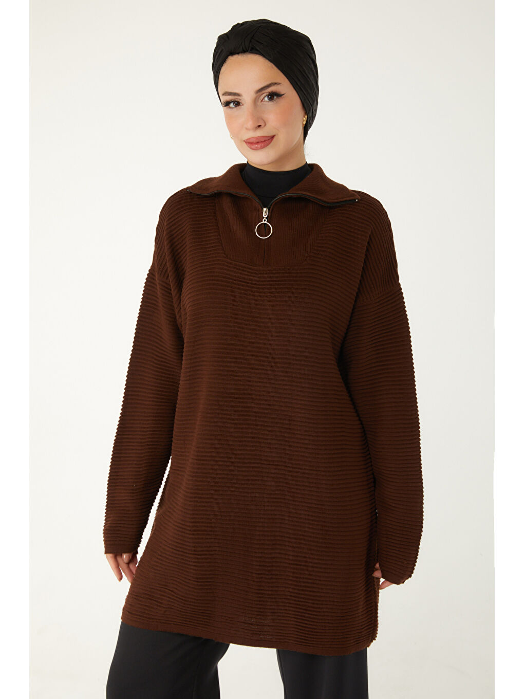 Kahverengi Fitili Fermuarlı Triko Kazak Kahve - 27632-3