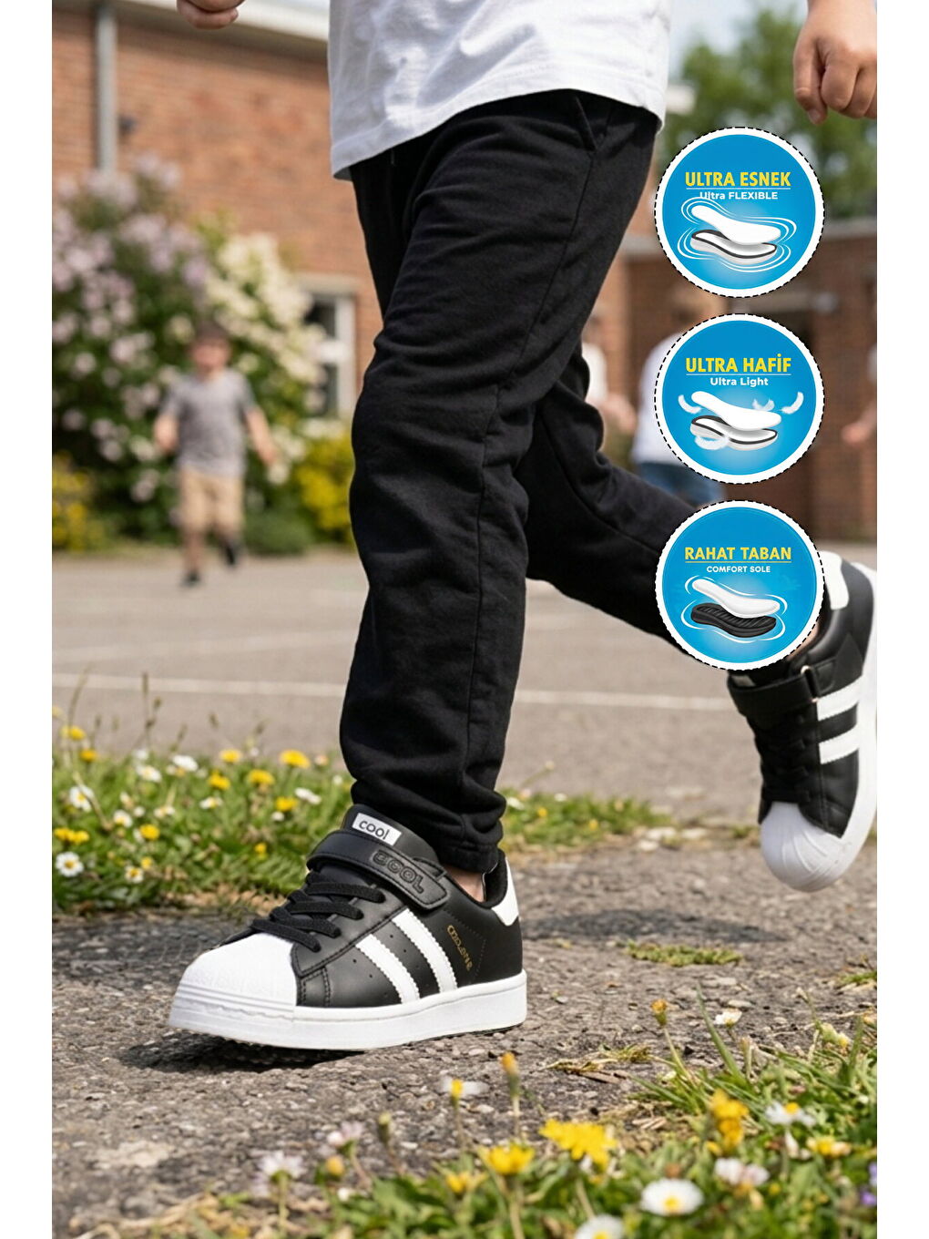 Siyah Beyaz Cırtlı Hafif Unisex Çocuk Spor Ayakkabı Star F-2