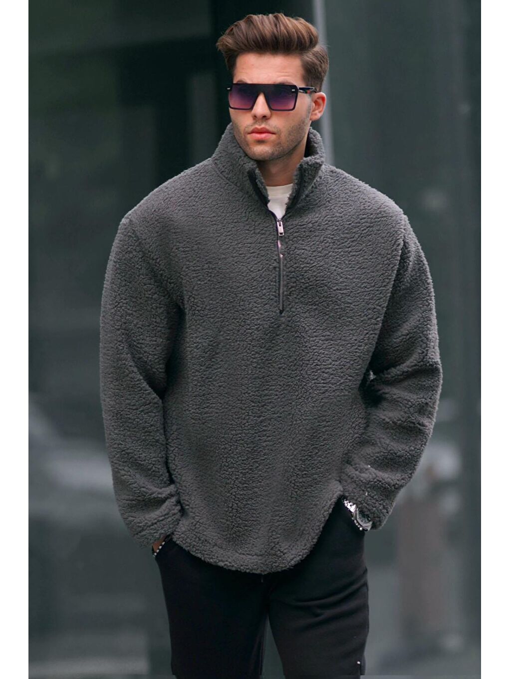 Gri Füme Fermuarlı Oversize Sweatshirt 6159