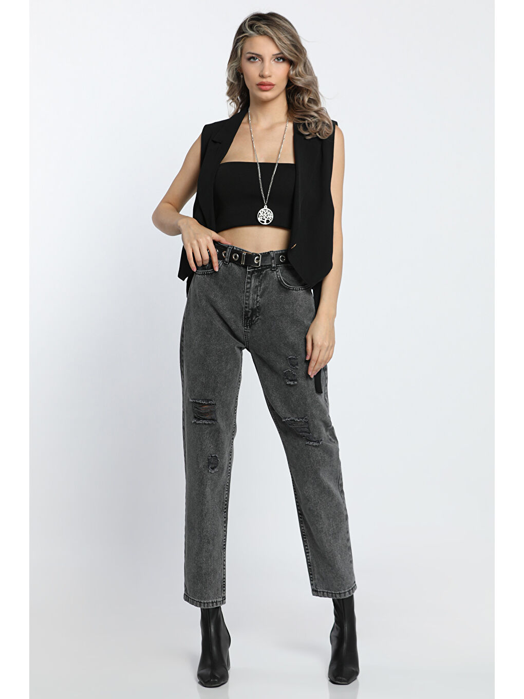 Antrasit Mom Jean Yüksek Bel Tarz Kadın Jean Pantolon-1