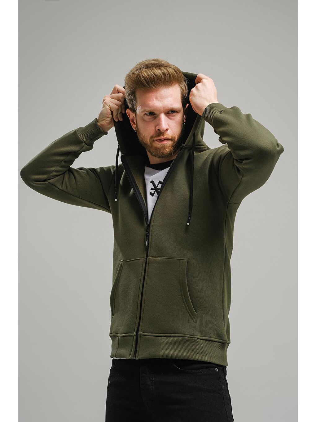 Haki Regnault Üç İplik Pamuklu Kapüşonu File Detaylı  Fermuarlı Sweatshirt