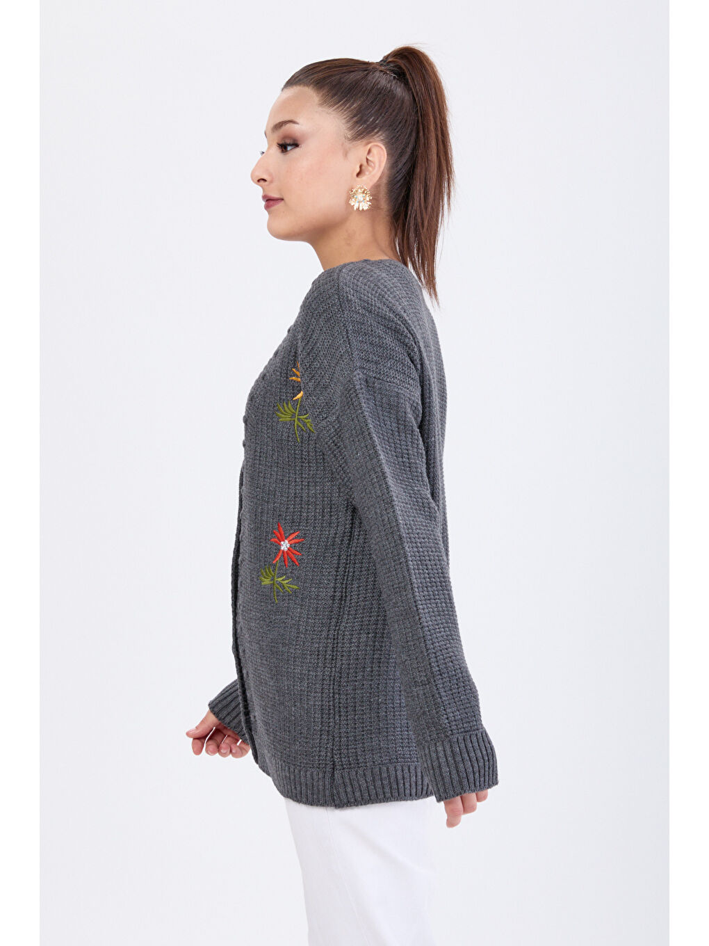 Çiçek Nakış Detaylı Triko Hırka Antrasit - 27662-2