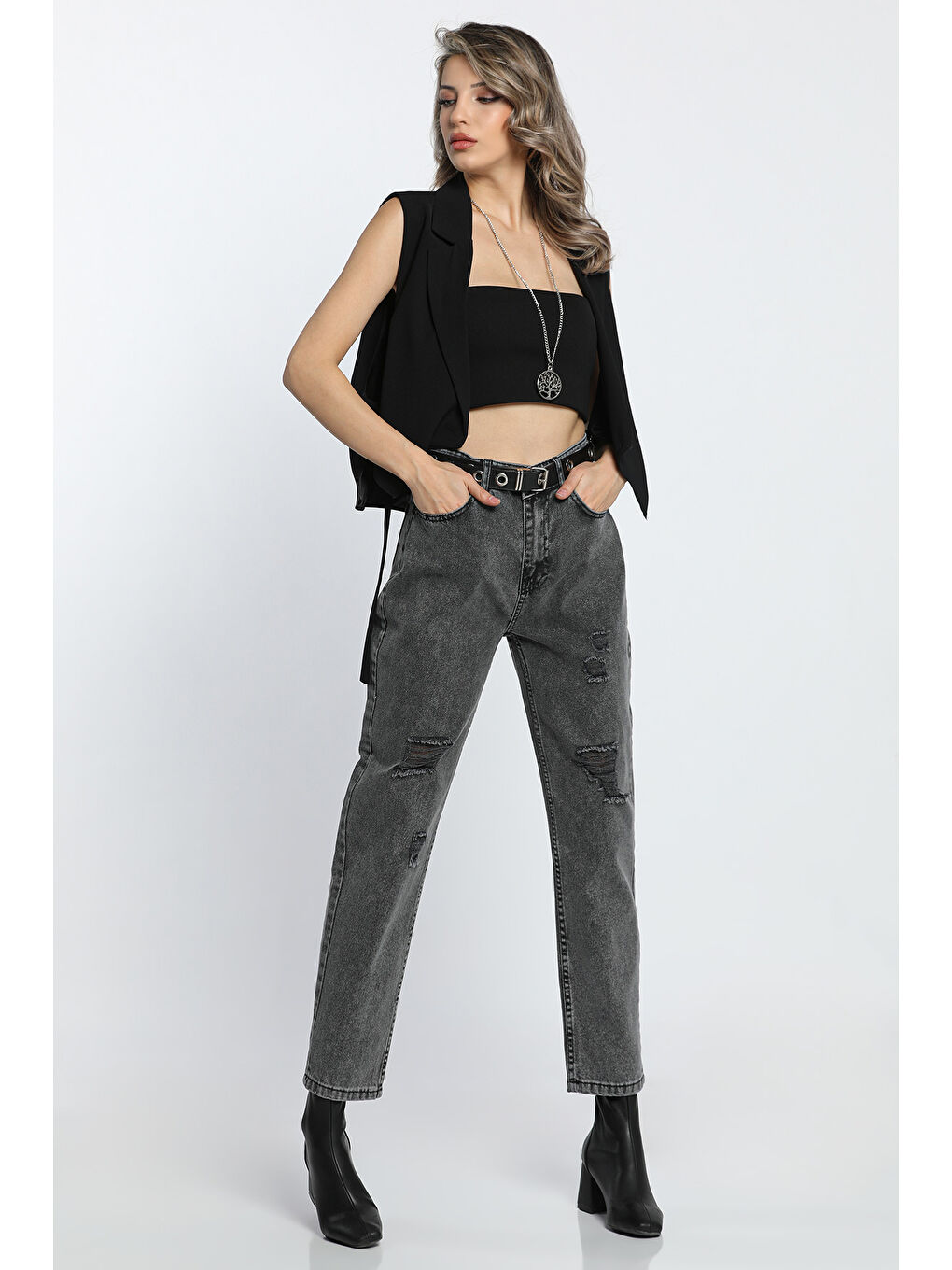 Antrasit Mom Jean Yüksek Bel Tarz Kadın Jean Pantolon-2
