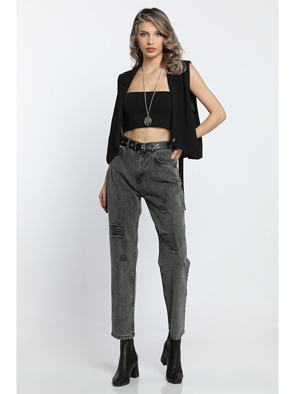 Antrasit Mom Jean Yüksek Bel Tarz Kadın Jean Pantolon-3