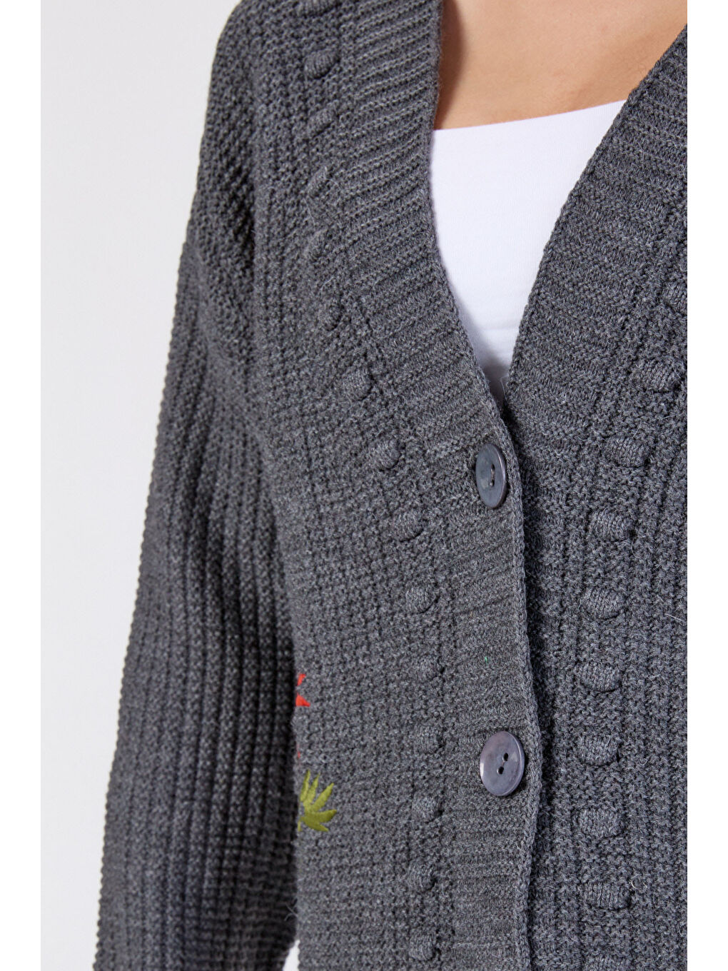 Çiçek Nakış Detaylı Triko Hırka Antrasit - 27662-3