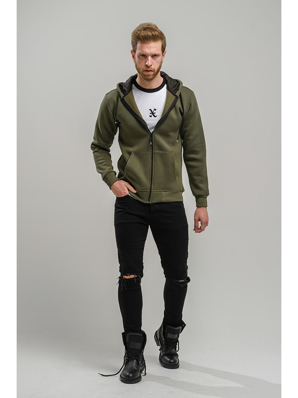 Haki Regnault Üç İplik Pamuklu Kapüşonu File Detaylı  Fermuarlı Sweatshirt-1