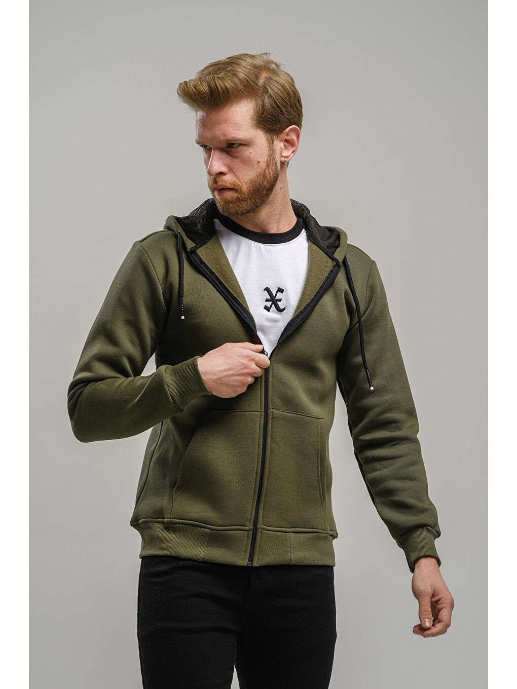 Haki Regnault Üç İplik Pamuklu Kapüşonu File Detaylı  Fermuarlı Sweatshirt-2