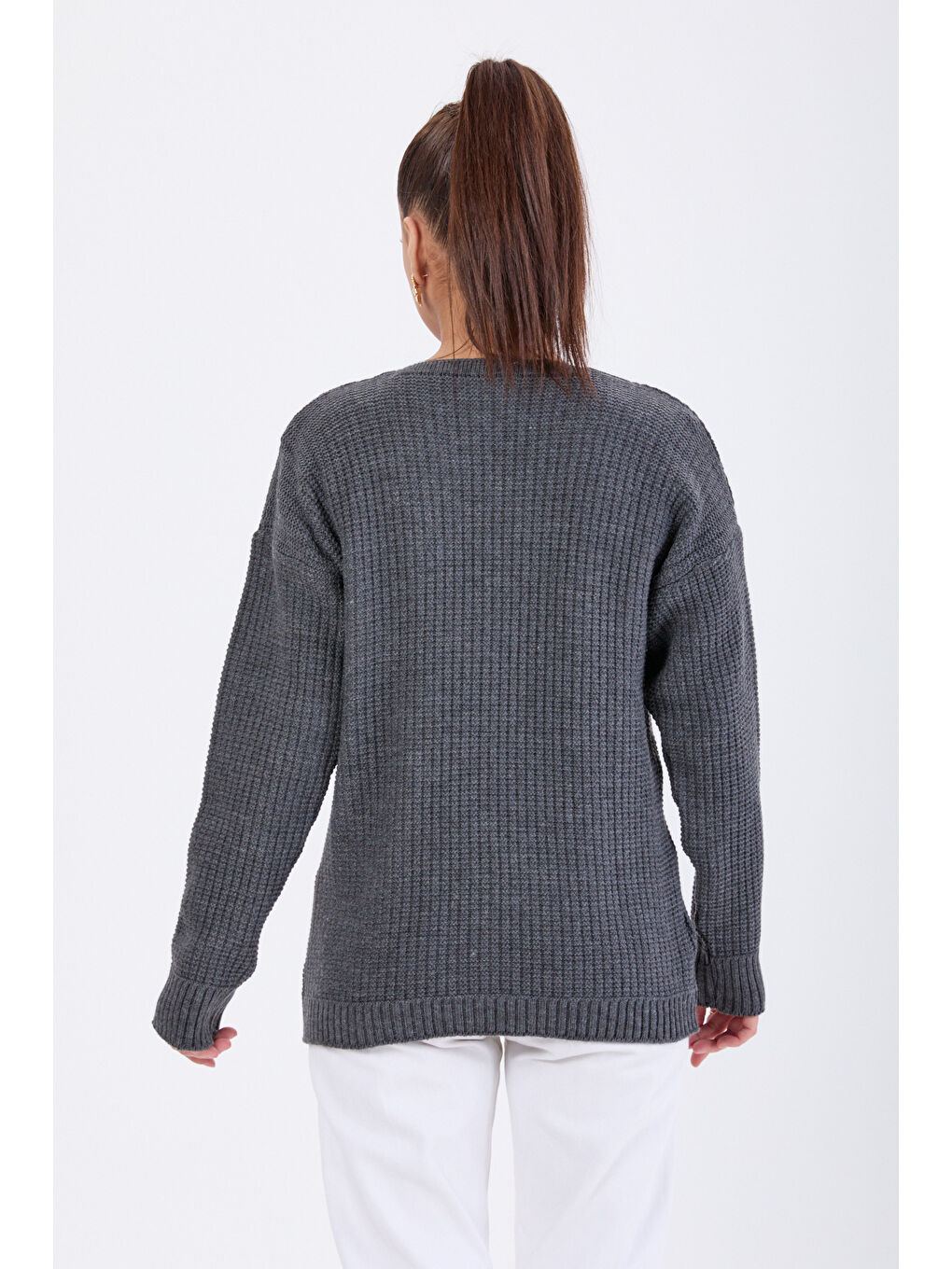 Çiçek Nakış Detaylı Triko Hırka Antrasit - 27662-4