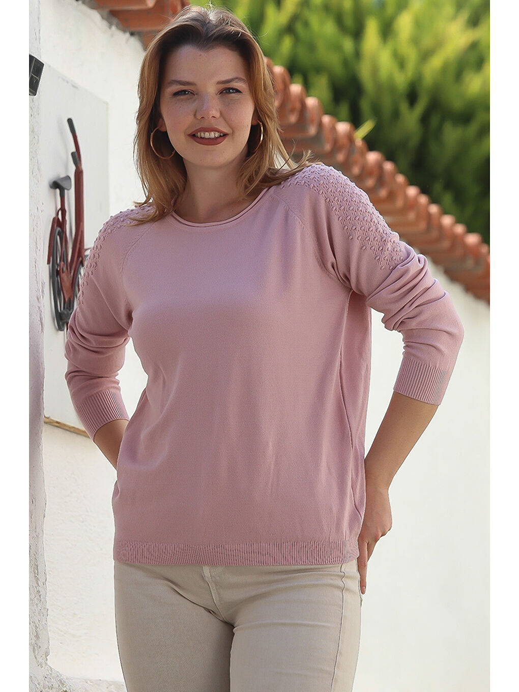 Pembe Somon Rengi Kayık Yaka Reglan Kol Casual Ajur Örgü Triko Kazak 65 60