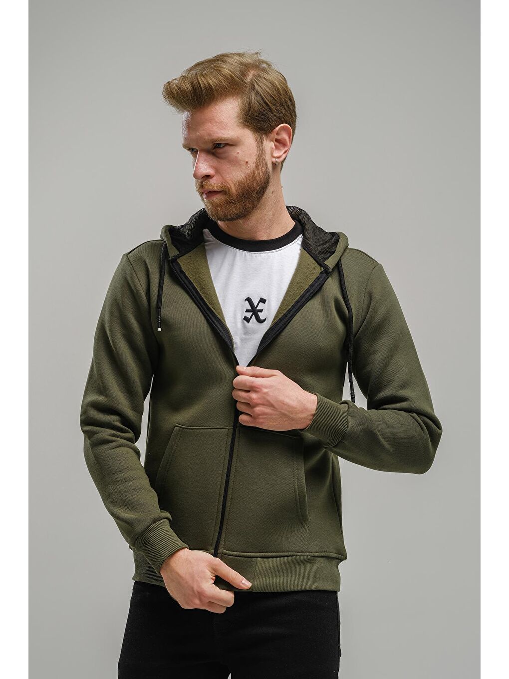 Haki Regnault Üç İplik Pamuklu Kapüşonu File Detaylı  Fermuarlı Sweatshirt-3