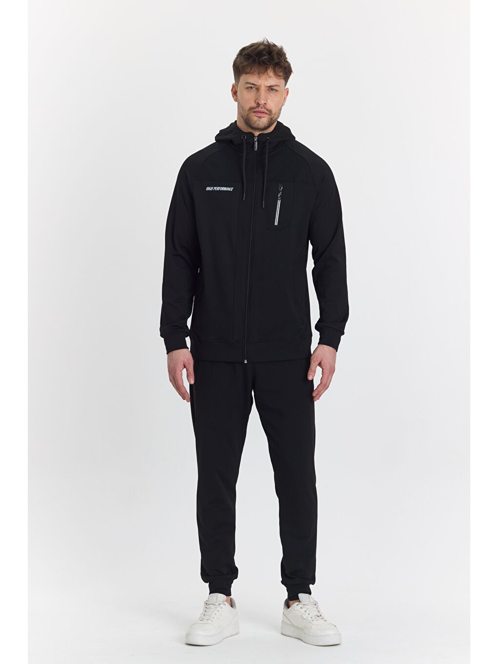 Şardonlu Dalgıç Kapüşonlu Erkek Eşofman Takımı Siyah 5725-S-1
