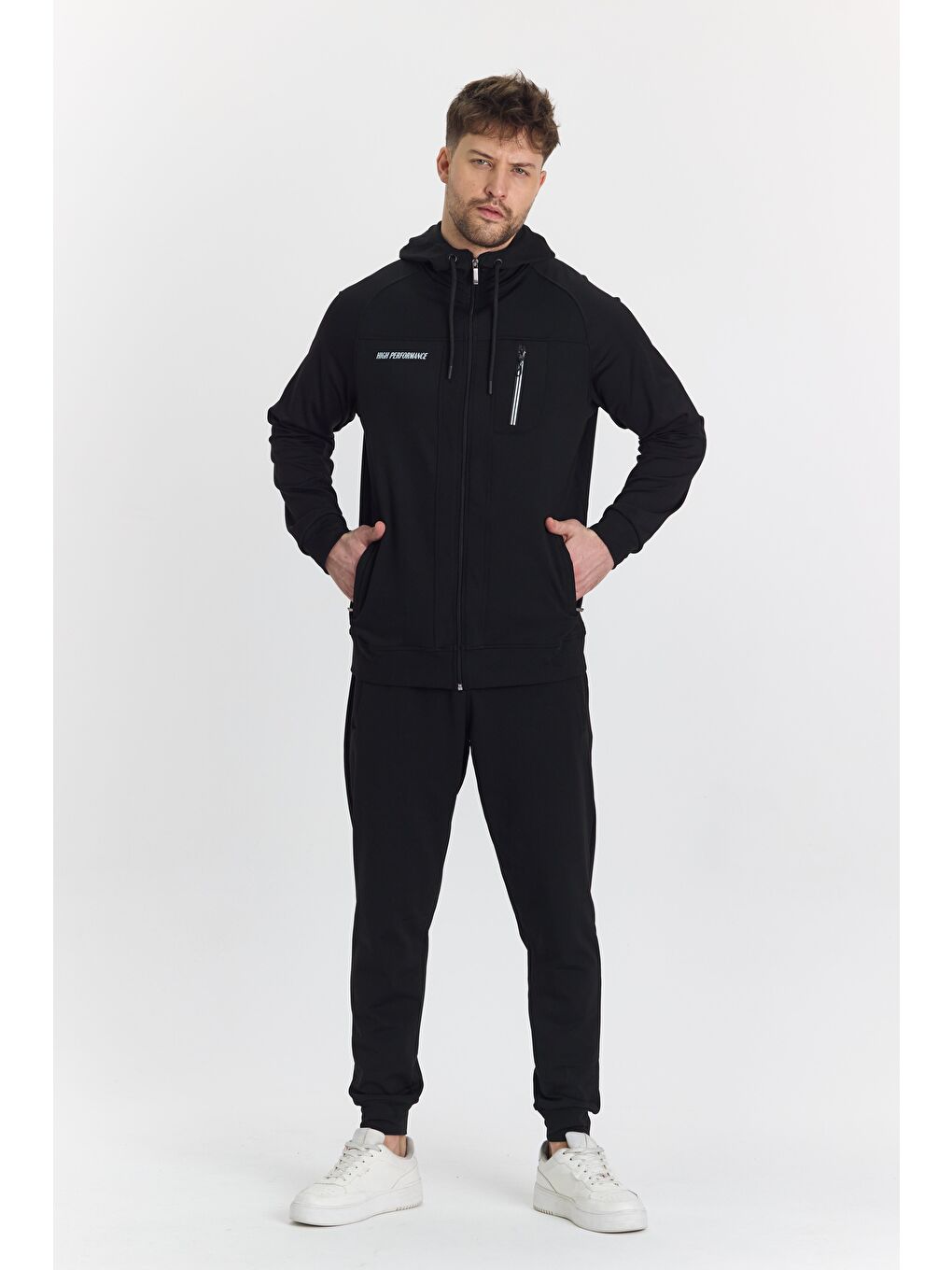 Şardonlu Dalgıç Kapüşonlu Erkek Eşofman Takımı Siyah 5725-S-2