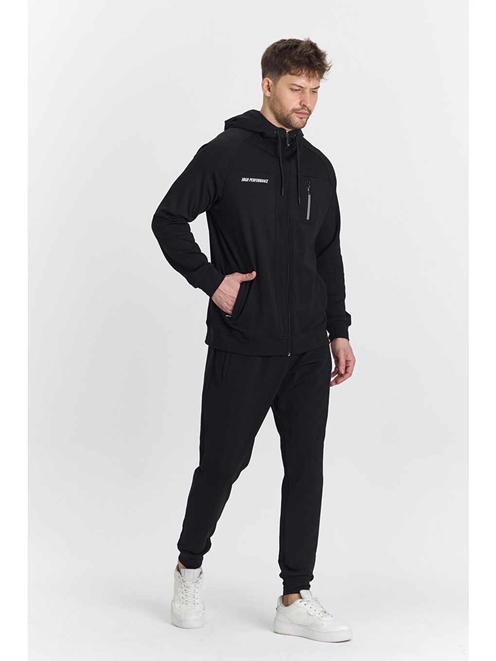 Şardonlu Dalgıç Kapüşonlu Erkek Eşofman Takımı Siyah 5725-S-3