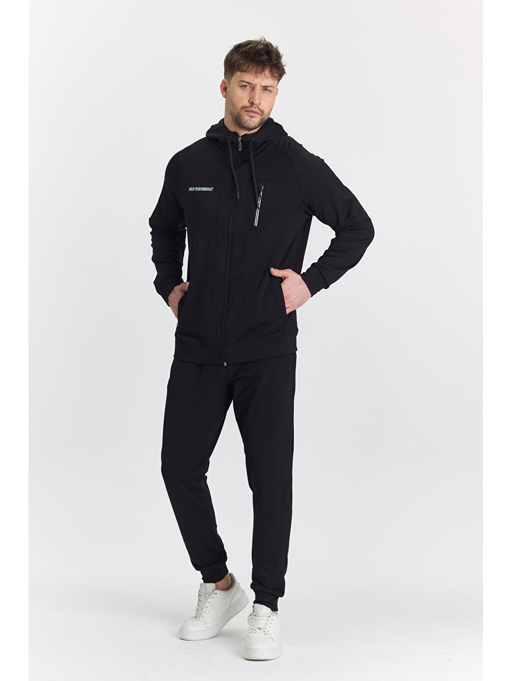 Şardonlu Dalgıç Kapüşonlu Erkek Eşofman Takımı Siyah 5725-S-4