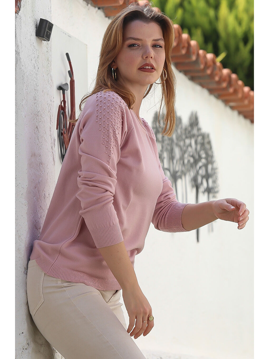 Pembe Somon Rengi Kayık Yaka Reglan Kol Casual Ajur Örgü Triko Kazak 65 60-3