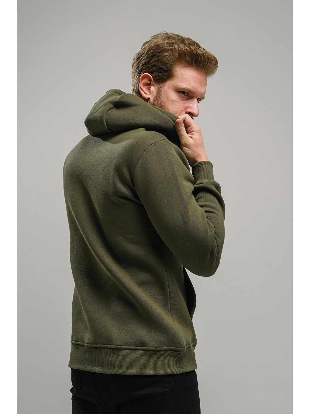 Haki Regnault Üç İplik Pamuklu Kapüşonu File Detaylı  Fermuarlı Sweatshirt-4