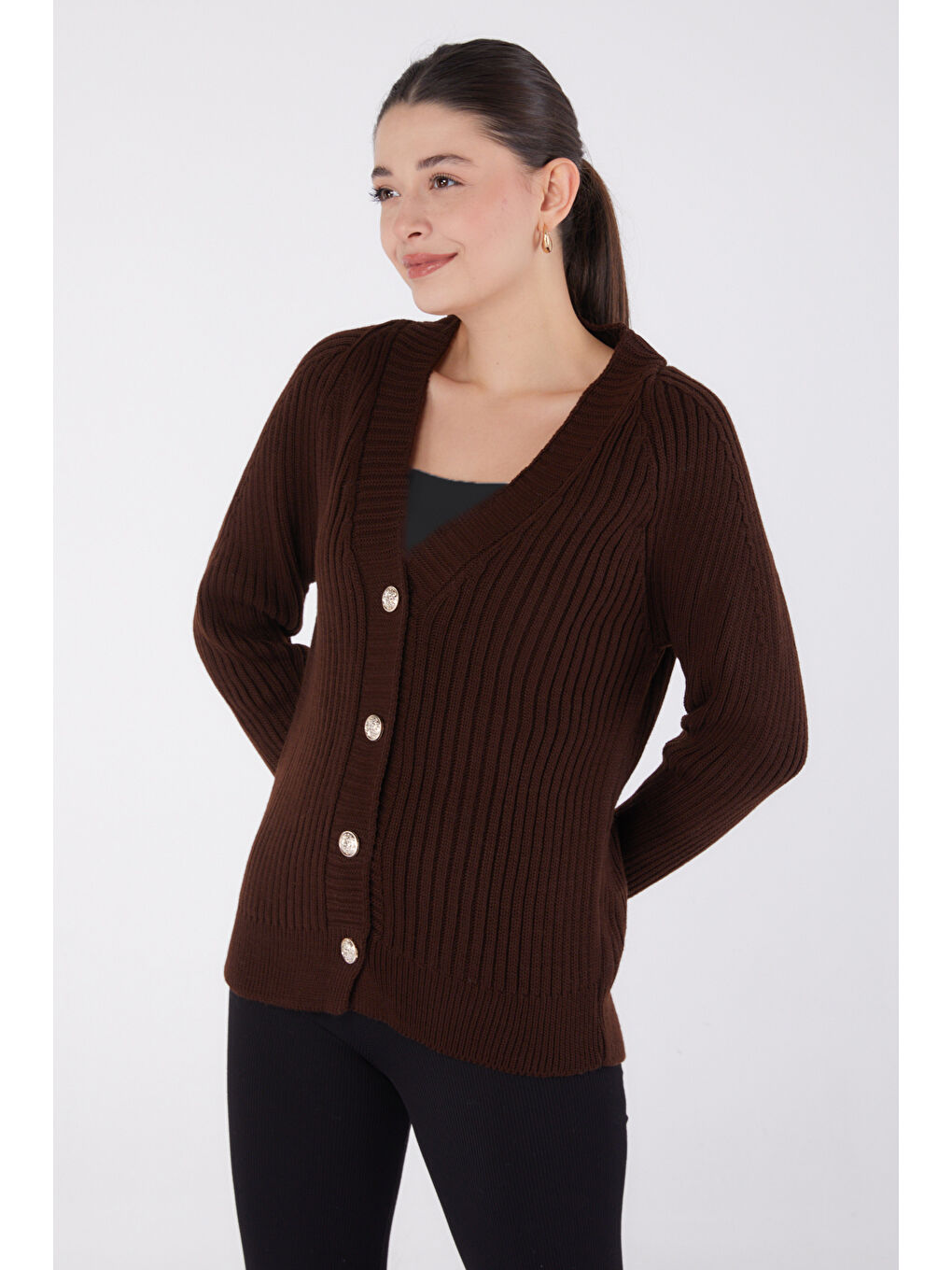 Kahverengi Düğmeli Fitilli Triko Hırka Kahve - 27665