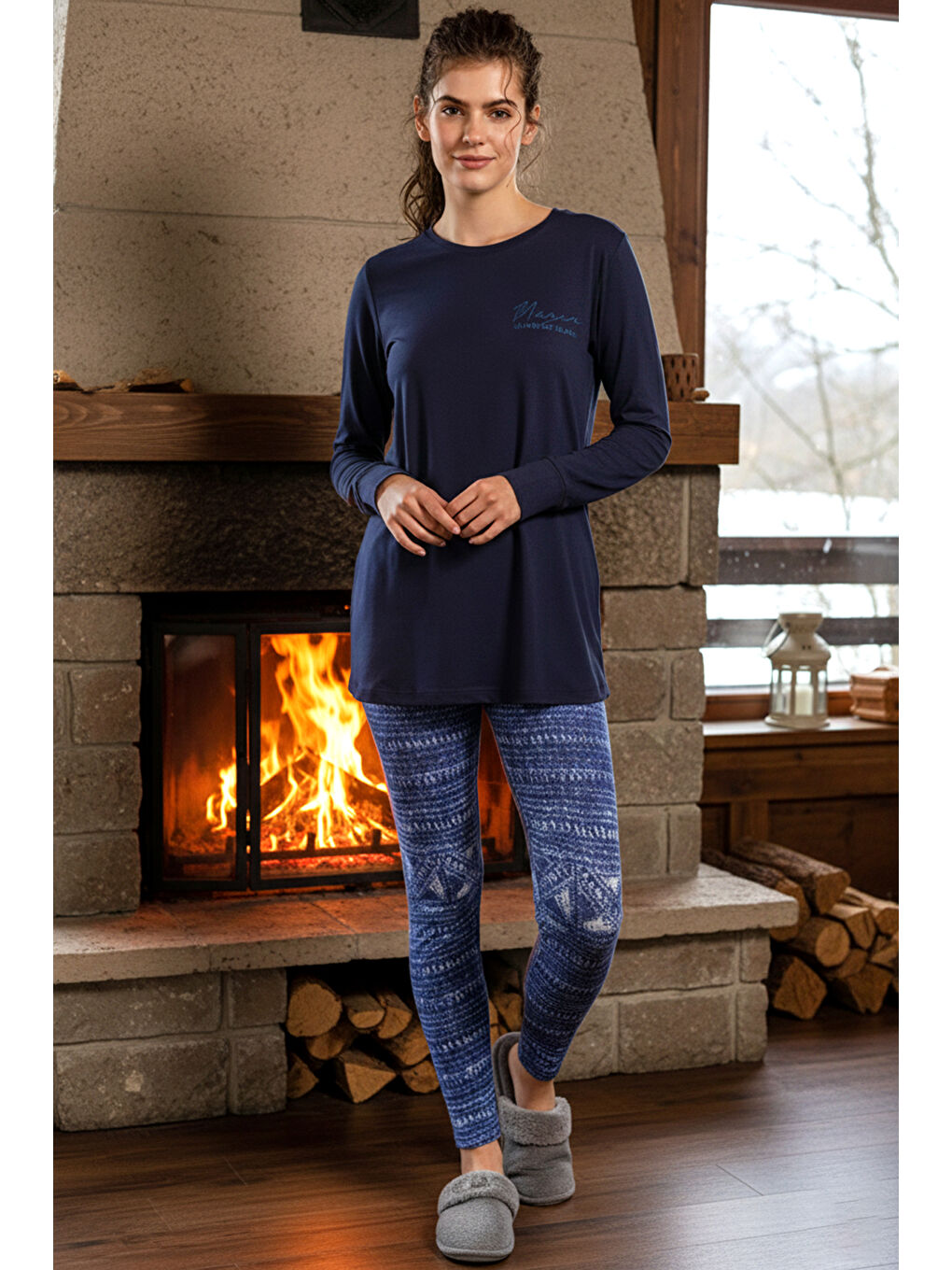 Kadın Uzun Kol Taytlı Pijama Takımı 40033 Lacivert03