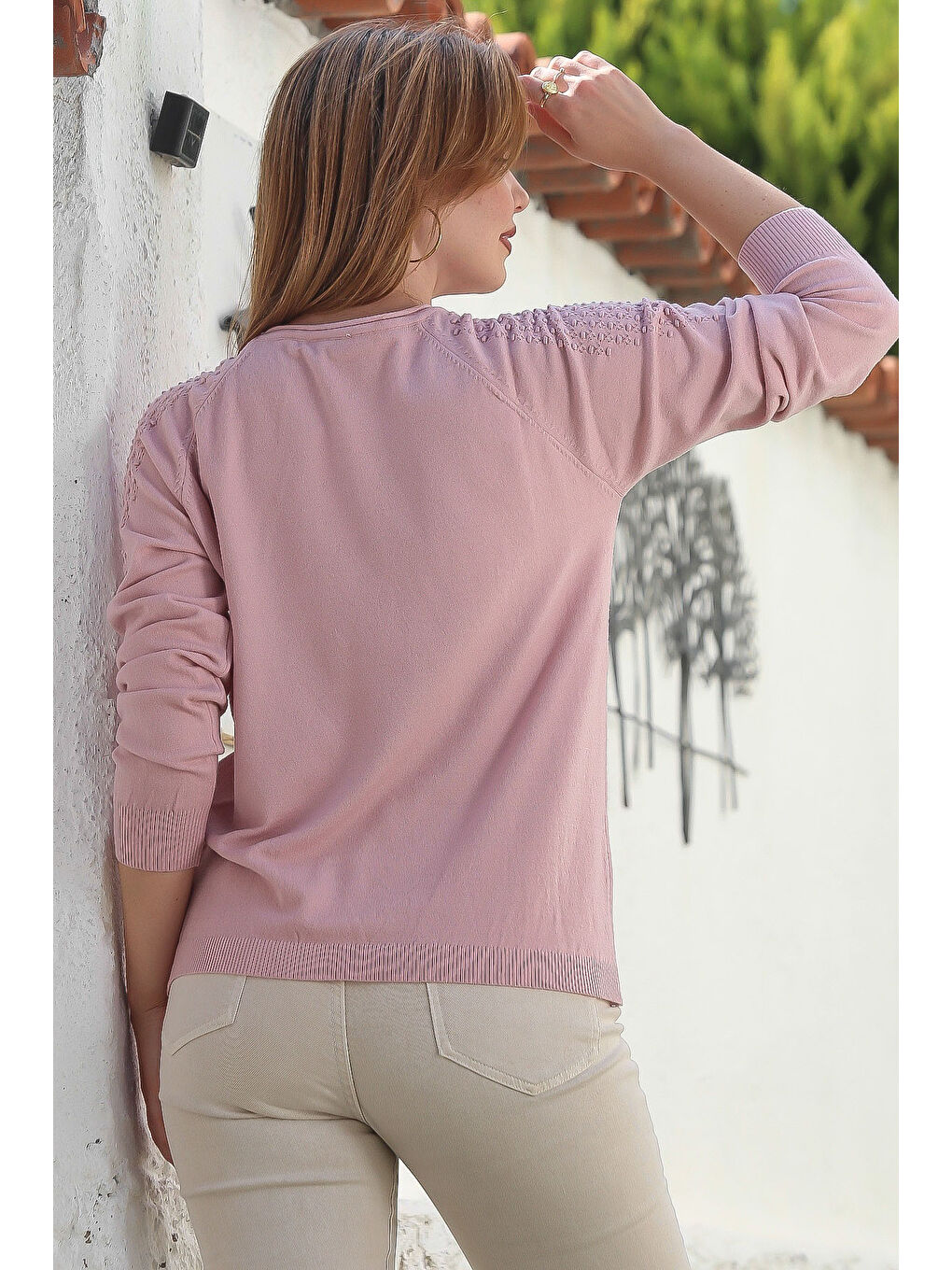 Pembe Somon Rengi Kayık Yaka Reglan Kol Casual Ajur Örgü Triko Kazak 65 60-5