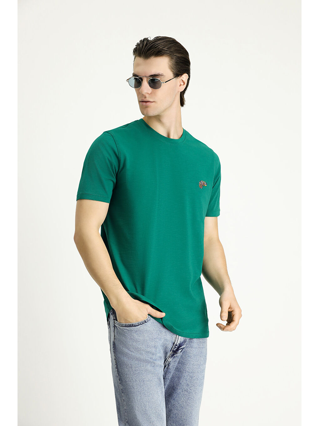 Yeşil Bisiklet Yaka Slim Fit Dar Kesim Baskılı Süprem Pamuk Tişört