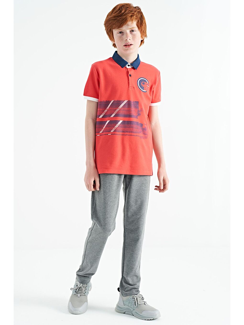 TOMMYLIFE Kırmızı Coral Baskı Detaylı Polo Yaka Standart Kalıp Erkek Çocuk T-Shirt - 11094 - 3