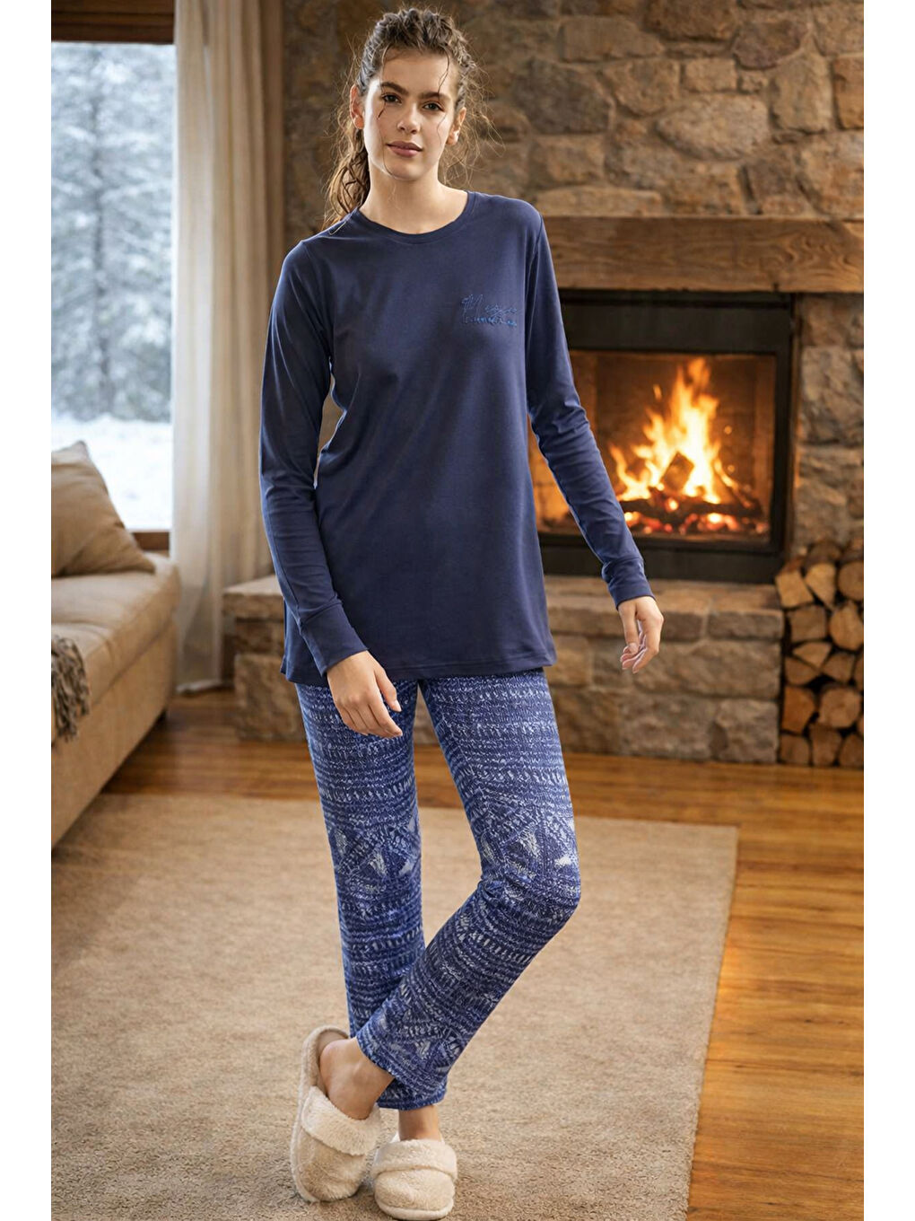 Kadın Uzun Kol Taytlı Pijama Takımı 40033 Lacivert03-2