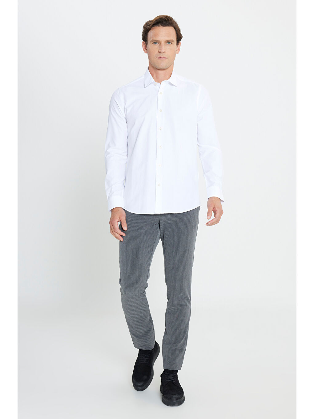 Erkek Beyaz Kolay Ütülenebilir Slim Fit Dar Kesim Klasik Yaka Pamuklu Gömlek-6