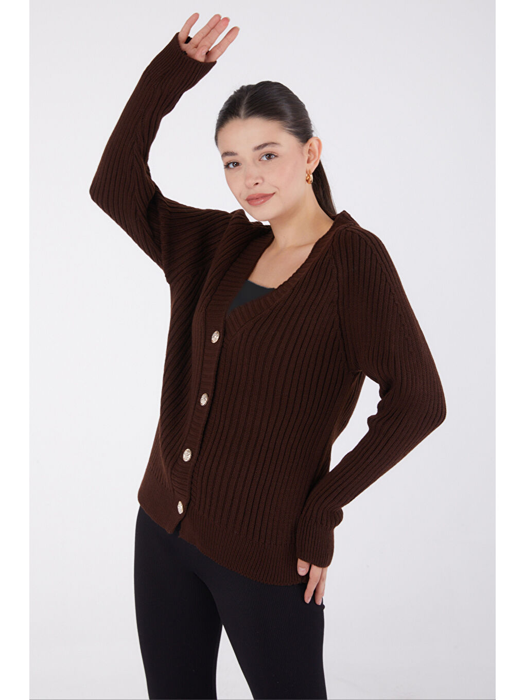 Kahverengi Düğmeli Fitilli Triko Hırka Kahve - 27665-1