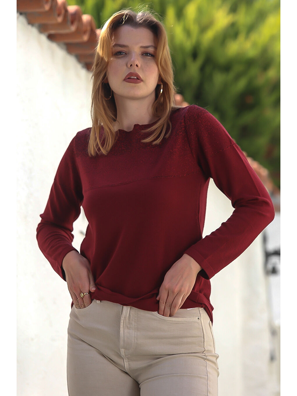 Bordo Kayık Yaka Uzun Kol Simli Casual Triko Kazak 65 60-1