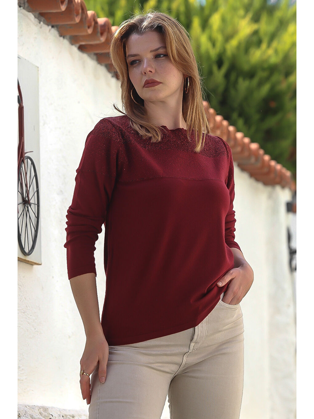 Bordo Kayık Yaka Uzun Kol Simli Casual Triko Kazak 65 60-2