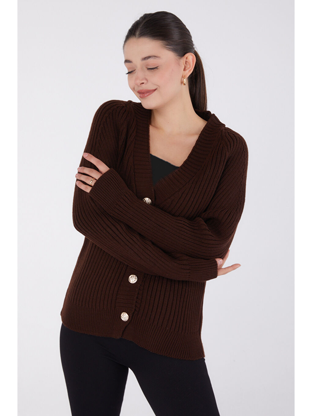 Kahverengi Düğmeli Fitilli Triko Hırka Kahve - 27665-2