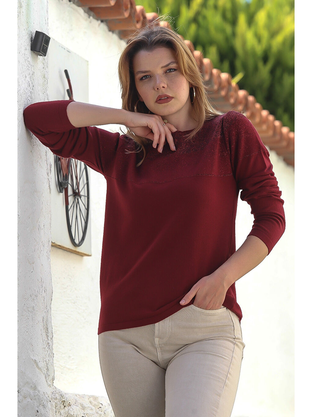 Bordo Kayık Yaka Uzun Kol Simli Casual Triko Kazak 65 60-3