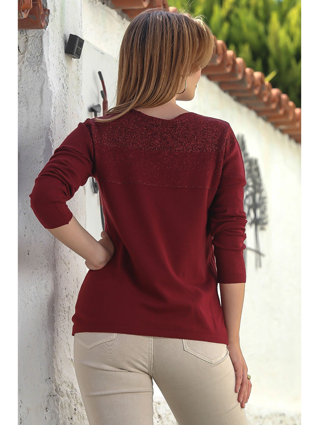 Bordo Kayık Yaka Uzun Kol Simli Casual Triko Kazak 65 60-6