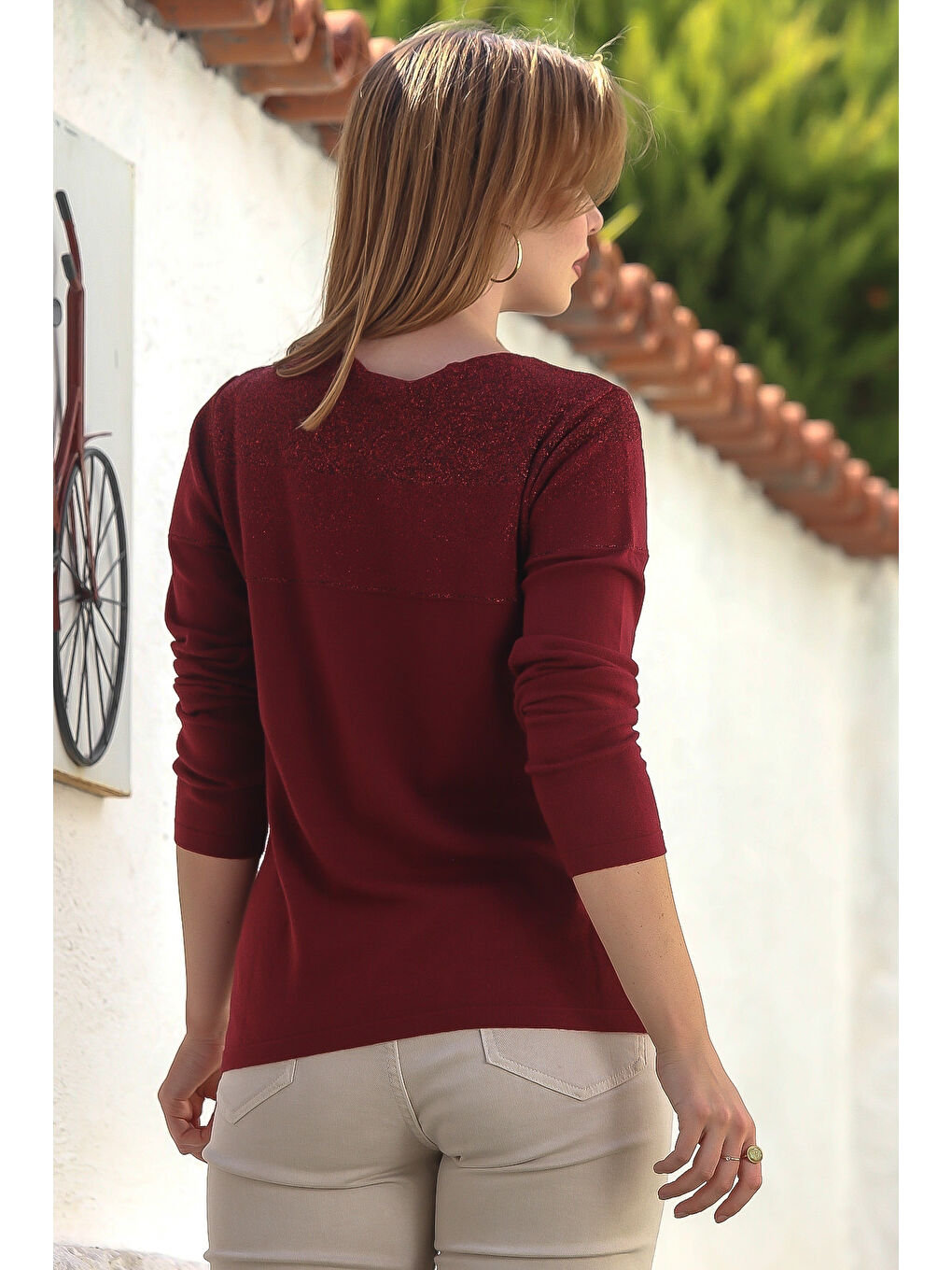 Bordo Kayık Yaka Uzun Kol Simli Casual Triko Kazak 65 60-7