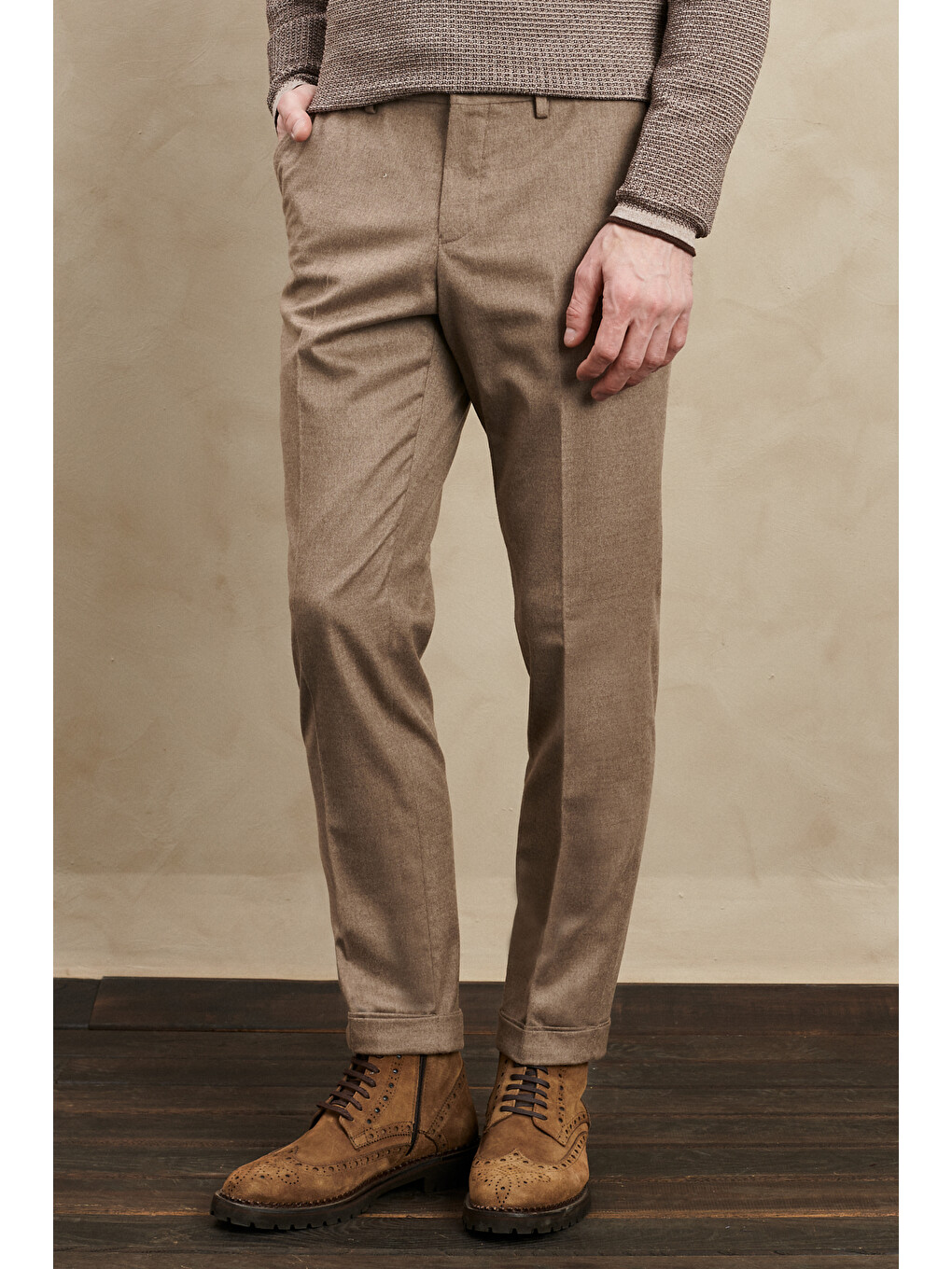 Bej Erkek Vizon Slim Fit Dar Kesim Flanel Desenli Yünlü Beli Lastikli Pantolon