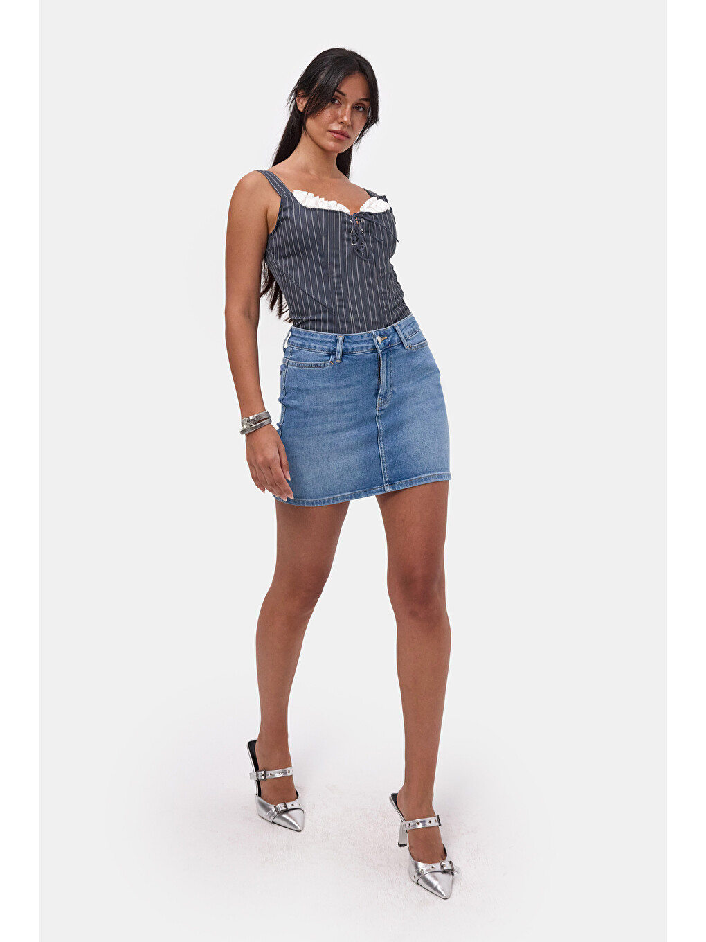 Kadın Mavi 2s6-4 Straight Mini Esnek Kumaş Denim Etek-1