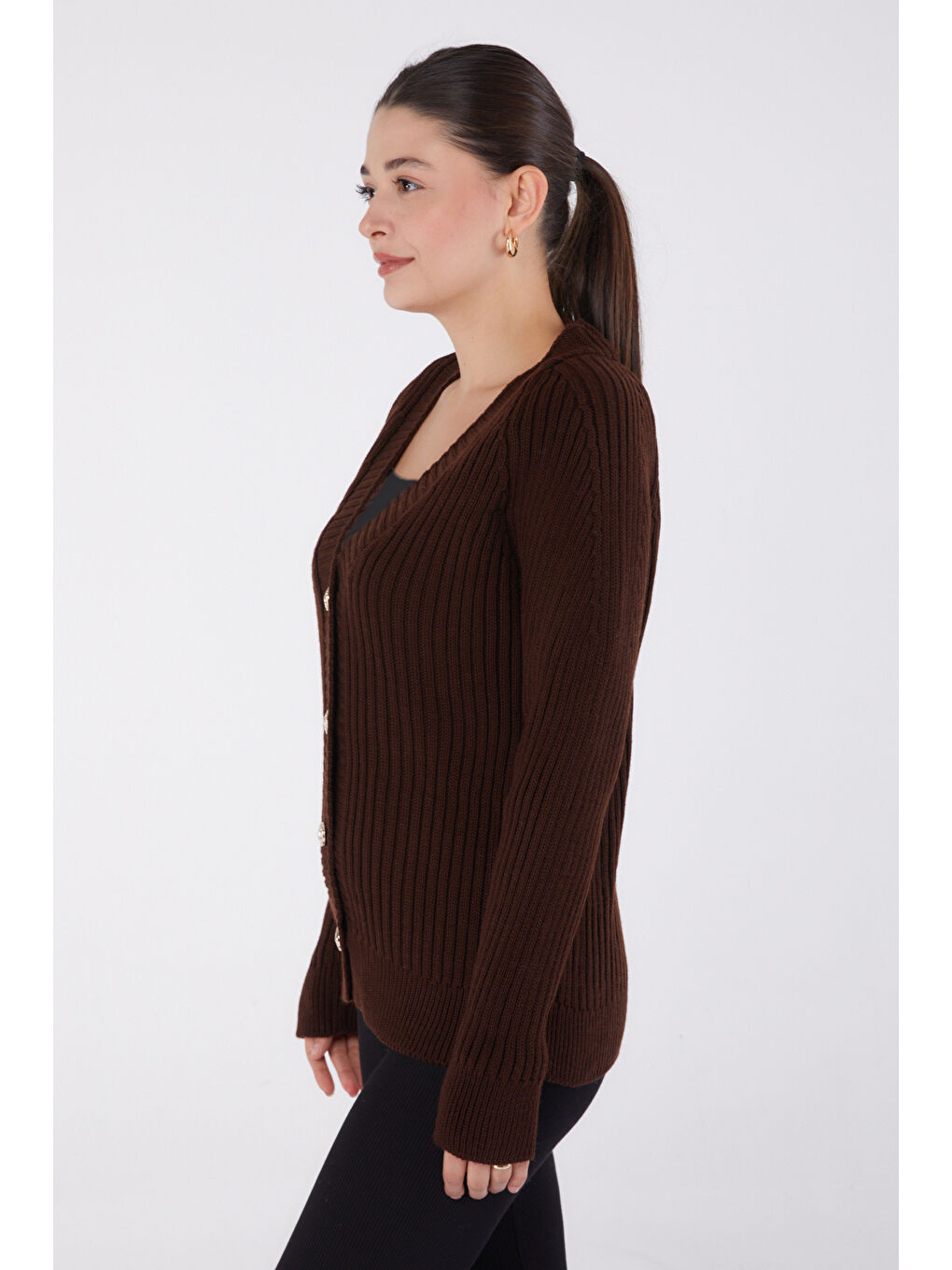 Kahverengi Düğmeli Fitilli Triko Hırka Kahve - 27665-3