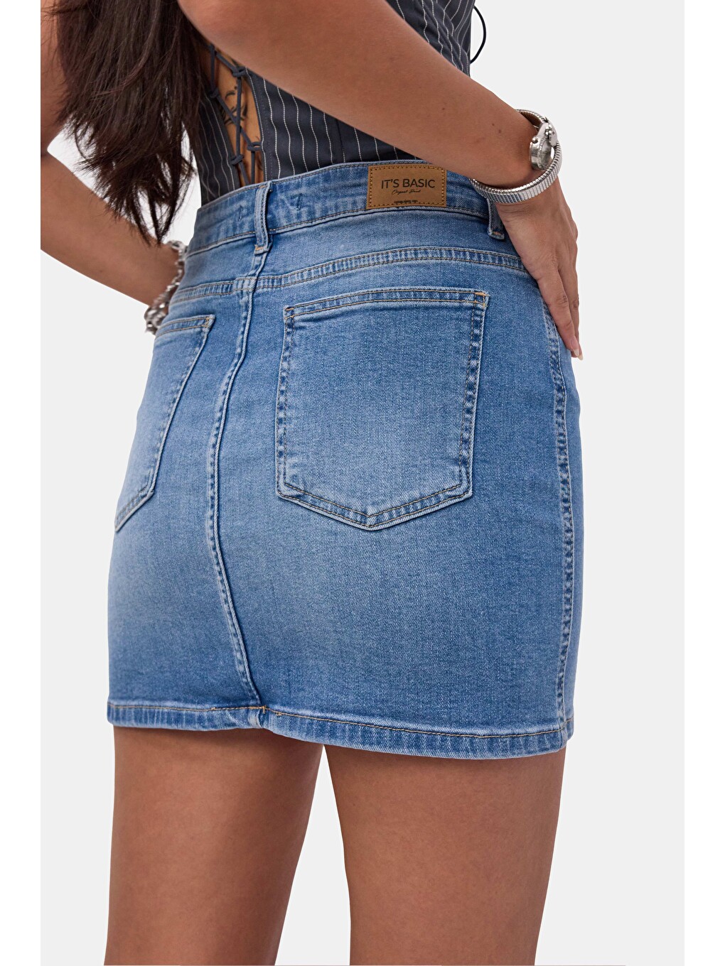 Kadın Mavi 2s6-4 Straight Mini Esnek Kumaş Denim Etek-3