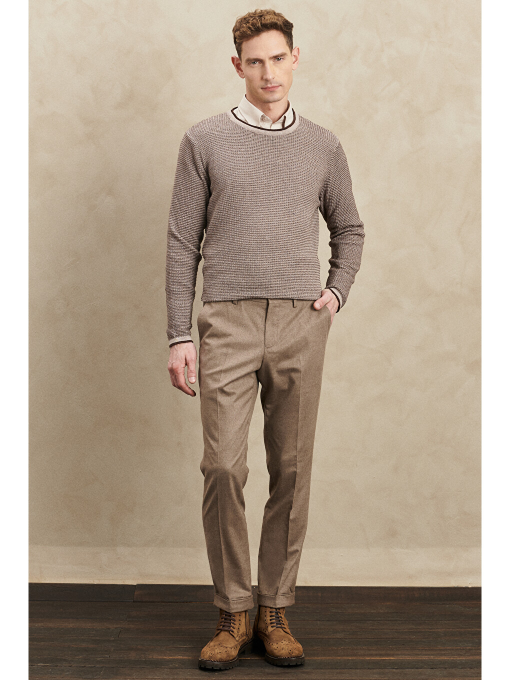 Bej Erkek Vizon Slim Fit Dar Kesim Flanel Desenli Yünlü Beli Lastikli Pantolon-1