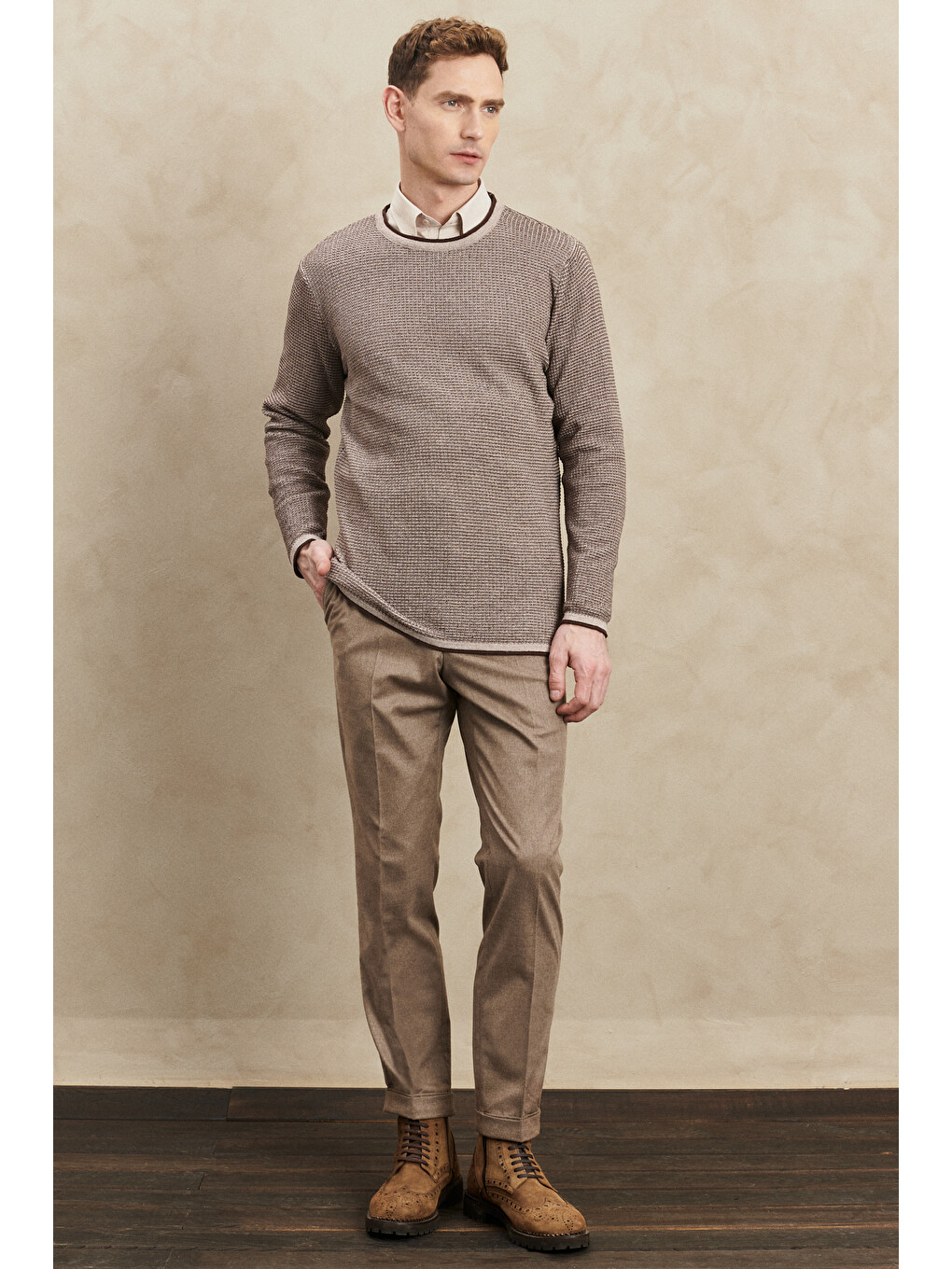 Bej Erkek Vizon Slim Fit Dar Kesim Flanel Desenli Yünlü Beli Lastikli Pantolon-2