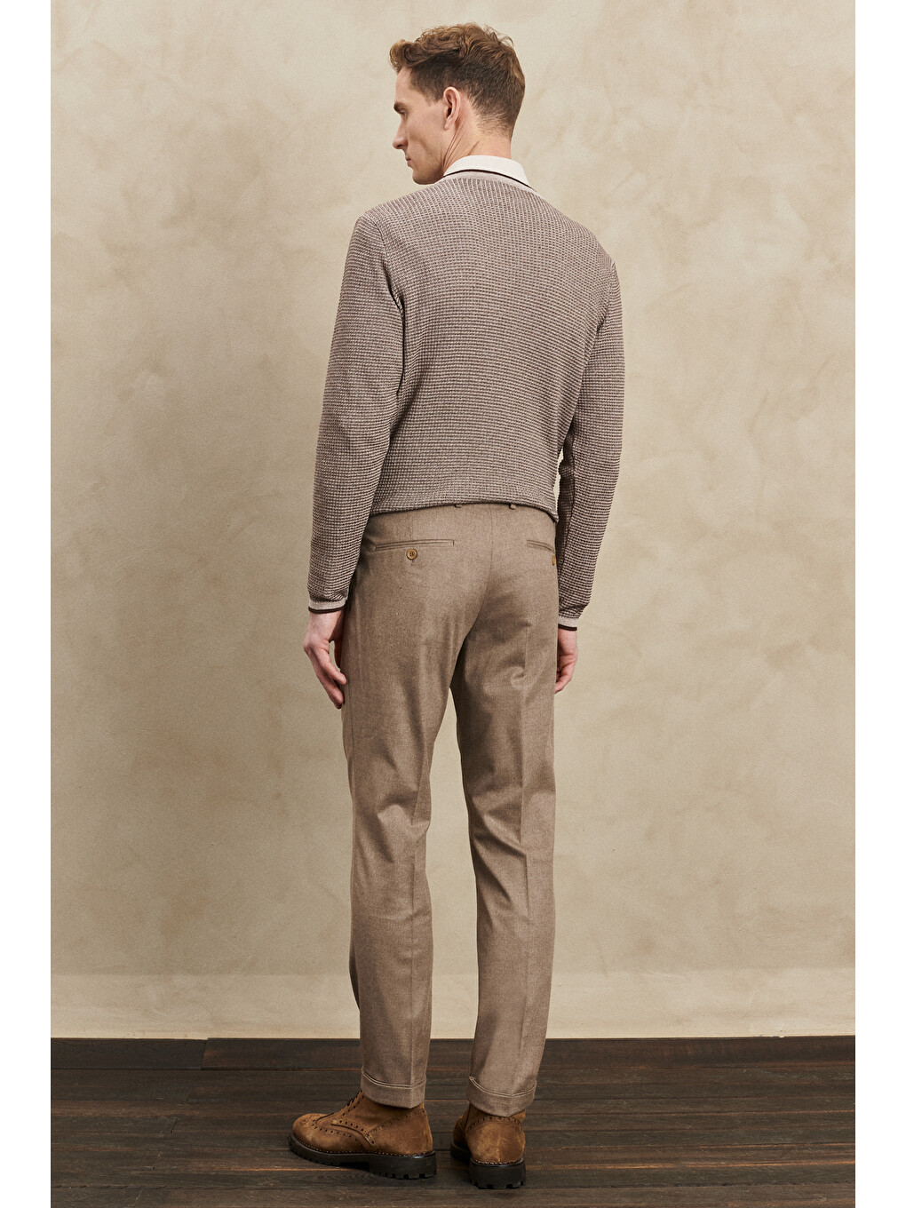 Bej Erkek Vizon Slim Fit Dar Kesim Flanel Desenli Yünlü Beli Lastikli Pantolon-3