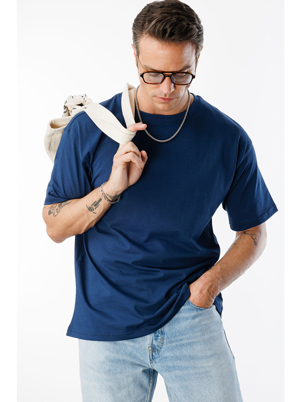 İndigo Erkek Oversize Fit %100 Organik Pamuk Bisiklet Yaka Tişört-2