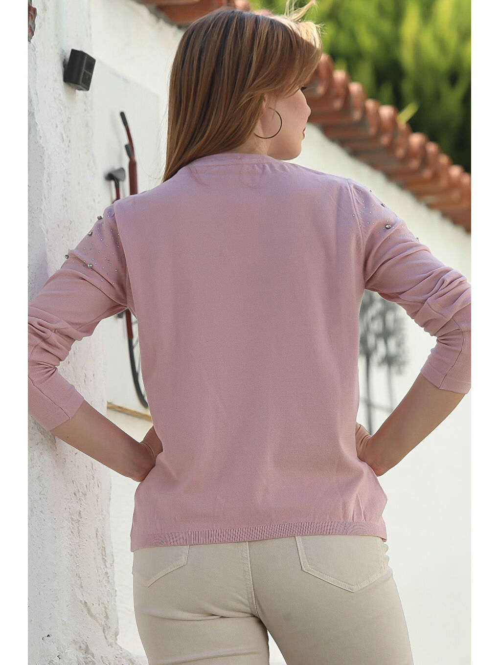 Pembe Somon Rengi Yuvarlak Yaka Uzun Kol Taşlı Troklu Casual Triko Kazak 65 60-7