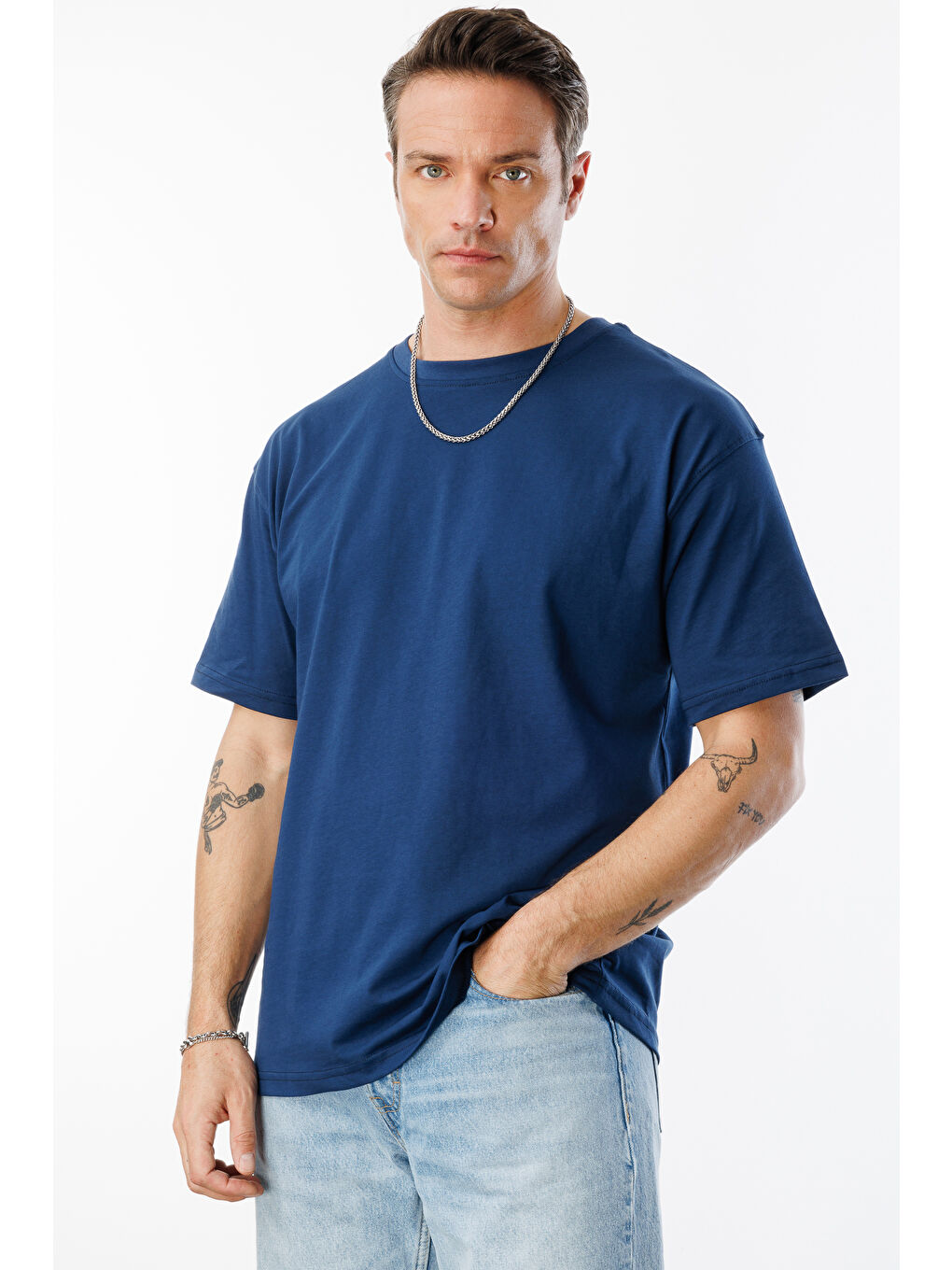 İndigo Erkek Oversize Fit %100 Organik Pamuk Bisiklet Yaka Tişört-3