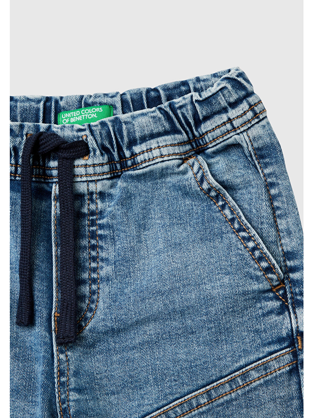 United Colors Of Benetton Mavi Erkek Çocuk Denim Beli Lastikli Büzgü İpli Kıvrık Paça Denim Pantolon - 2